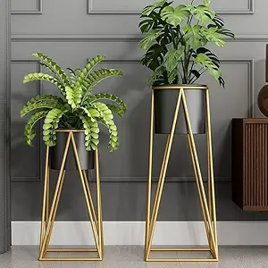 Home amass handicrafts planters for indoor outdoor plants & modern metal floor tall plant stand for garden, balcony & living room & mid century plant stands with pots set of 2 flower pots (black)